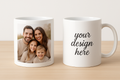 two personalized mugs, one has a picture and the second one that says "your design here"