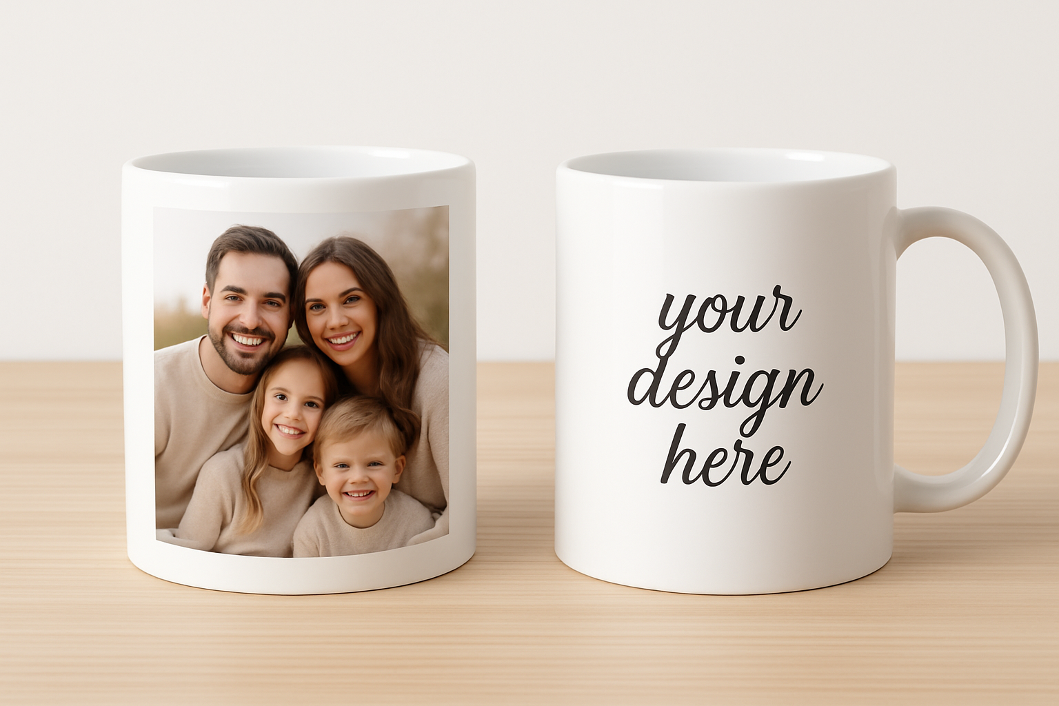 two personalized mugs, one has a picture and the second one that says "your design here"